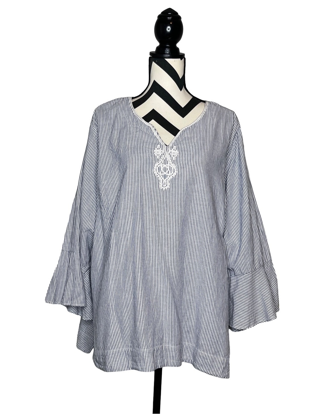 Westbound Striped 100% Cotton Coastal Boho Bell-Sleeve Tunic Top Sz 3X